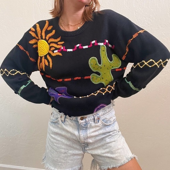 Vintage 1990's Desert Embroidered Funky Black Knit Sweater - Picture 2 of 6